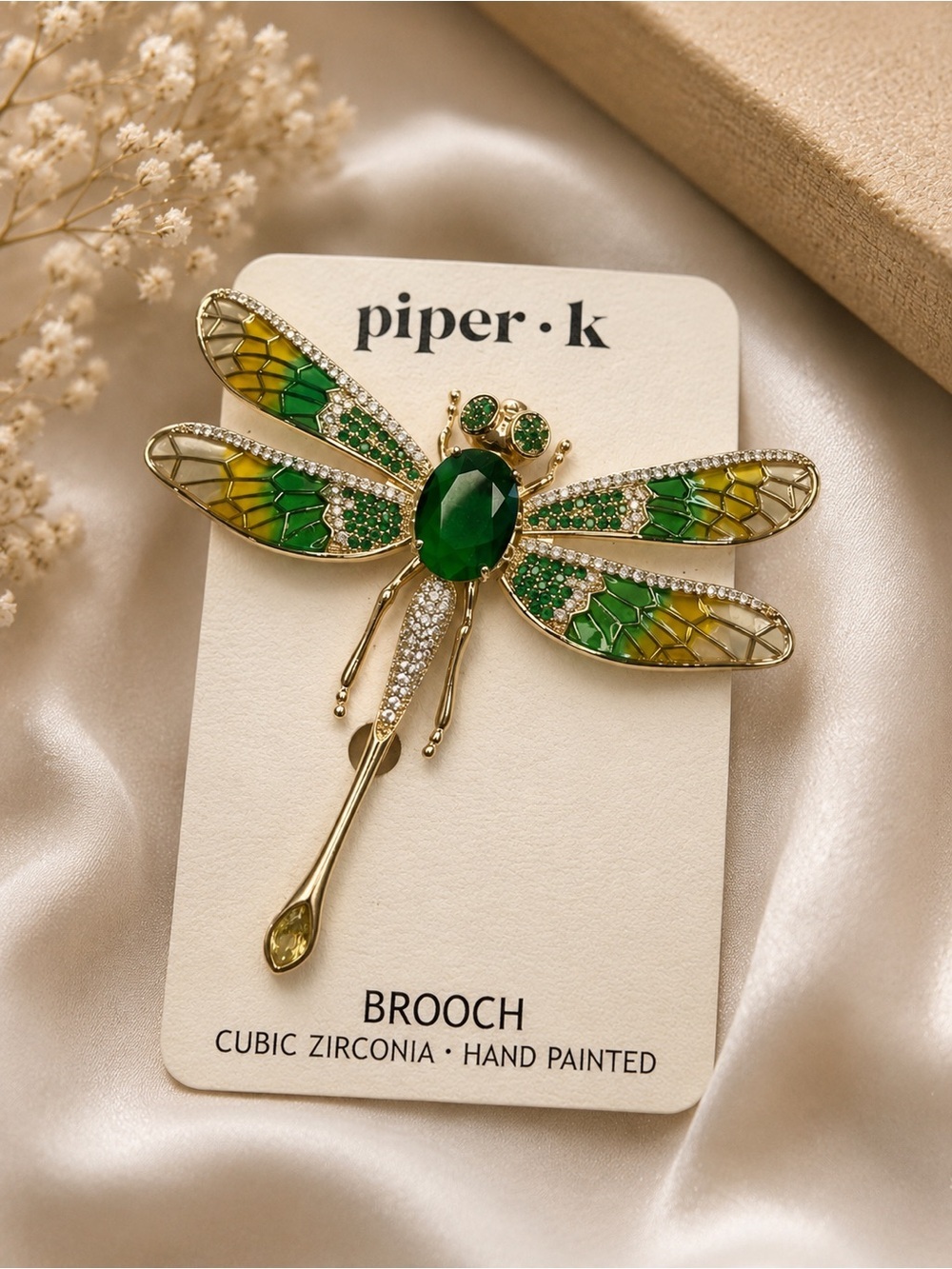 Piper.K Dragonfly Brooch – Green & Gold Cubic Zirconia Pin – NWT